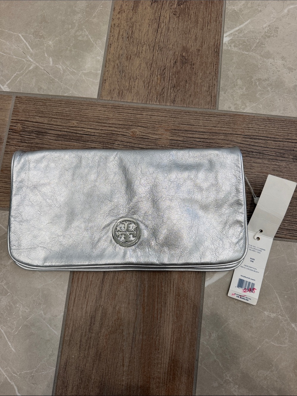 Tory Burch Metallic Silver Fold-Over Logo Clutch